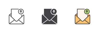 Satır içinde ok sembolü olan, katı ve doldurulmuş renk biçimi içeren e- posta simgesi seti gönder. Giden e- posta simgesini, vektör işaretini veya gönderilen ileti simgesini temsil eder.