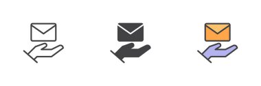Posta aktarım simgesi açık elle ve hizada uçan zarf, katı ve taslak biçimli. İleti aktarımını temsil eder, ileti simgesini gönderir veya alır.