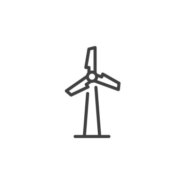 Rüzgar türbini çizgisi simgesi. Bıçakları ve kuleyi gösteren taslak biçim vektör simgesi. Yenilenebilir enerji simgesi rüzgar enerjisini temsil ediyor. Temiz tasarım simgesi.