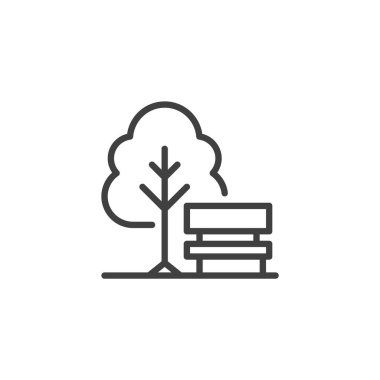 Park bankı ve ağaç hattı ikonu. Kamu parkı ayarlarının ana hatları. Doğa, dinlenme ve açık hava rahatlığını temsil ediyor. Asgari park simgesi.