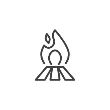 Kamp ateşi ikonu. Kütüklerdeki bir alevin ana simgesini çiz. Kamp, sıcaklık ve açık hava macerasının sembolü. Doğrusal biçimdeki simge.