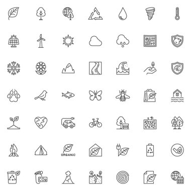 Doğa ve Çevre Çizgisi simgesi seti. Vektör ana hatları, yaprak, ağaç, dünya, dağ, yağmur, geri dönüşüm, güneş paneli, eko araba, kelebek, dalga, çiçek ve ateş gibi ikonları içerir. Sürdürülebilirlik ve yeşil canlı temalar için ideal. Her simge