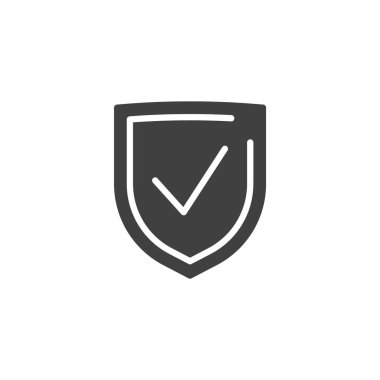 Kalkan işaretleri katı simge. Kabartma vektör simgesi onaylandı ve onaylandı. Bu simge güven, güvenlik ve kimlik doğrulama uygulamaları için mükemmeldir.