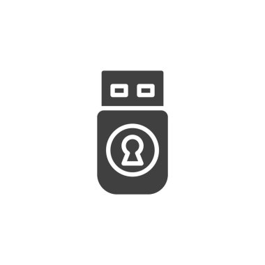 USB aygıt simgesini emniyete alın. Kilitli bir flash diskin glifli simge simgesi vektörü. Bu simge veri transferi ve taşınabilir güvenlik anlamına gelir.