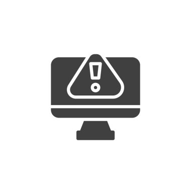 Siber saldırı alarmı, katı ekran simgesi. Tehlike işaretli monitörün glifli ikon vektörü. Bu simge dijital tehditler ve hacklemeler için uyarı uyarılarına uyuyor.