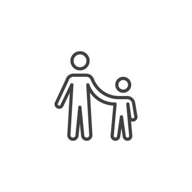 Çocuk elini tutan bir yetişkinin çizgi çizgisi ikonu. Dijital tasarımda ebeveynlik, vasilik veya çocukluk bakımı için basit bir aile vektör sembolü.