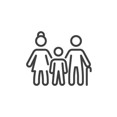 Ana vektör çizgisi simgesi, büyük anne ve büyük babanın çocuğun yanında durduğunu gösteriyor. Geniş akrabaları, yakınlığı ve nesilsel bağlantıyı temsil eden aile sembolü.