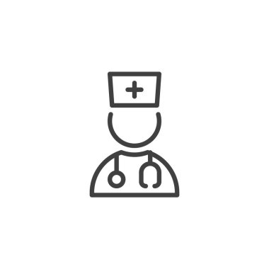 Şapkasında haç olan bir tıp uzmanının taslak simgesi. Doktor, hemşire ya da hastane için vektör sağlık sembolü. Temiz minimalist tasarım.