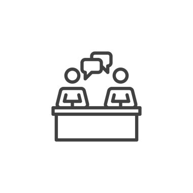 Konuşma baloncuklarıyla oturan yetişkinlerin çizgi ana hatları vektör simgesi. Veli toplantıları, tartışmalar ve okul etkinlikleri için sembol. En küçük aile simgesi biçimi.