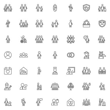 Halk ve Aile Hattı ana hatları simge seti. İçinde ebeveyn, çocuk, bebek, tekerlekli sandalye, çift, mezuniyet, takım çalışması, para, sağlık sigortası, aşk yüzüğü sembolleri olan vektör tabelaları.