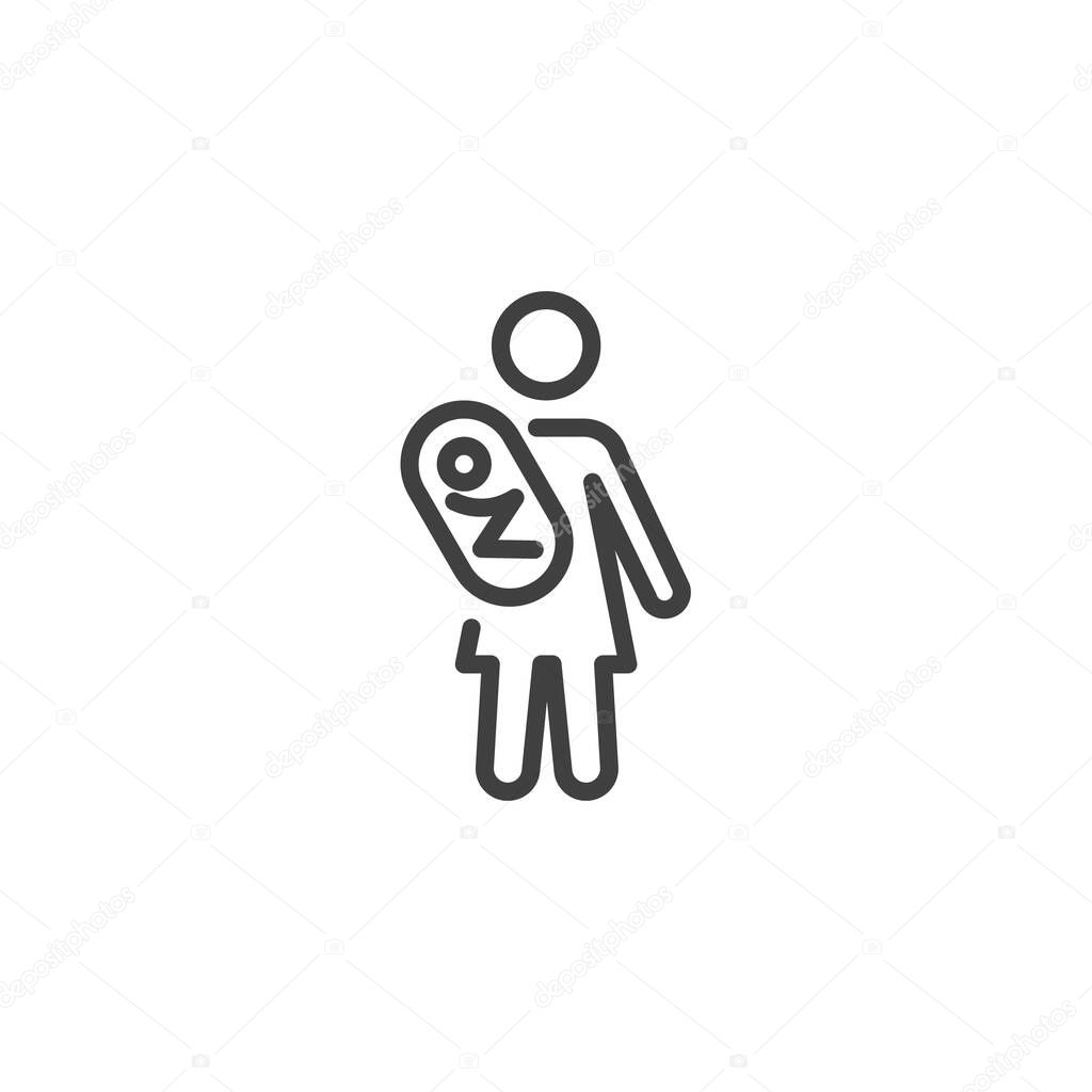 Line outline vector icon of a woman holding an infant. Symbol for motherhood, parenting, and family care. Minimalist icon for apps and infographics.
