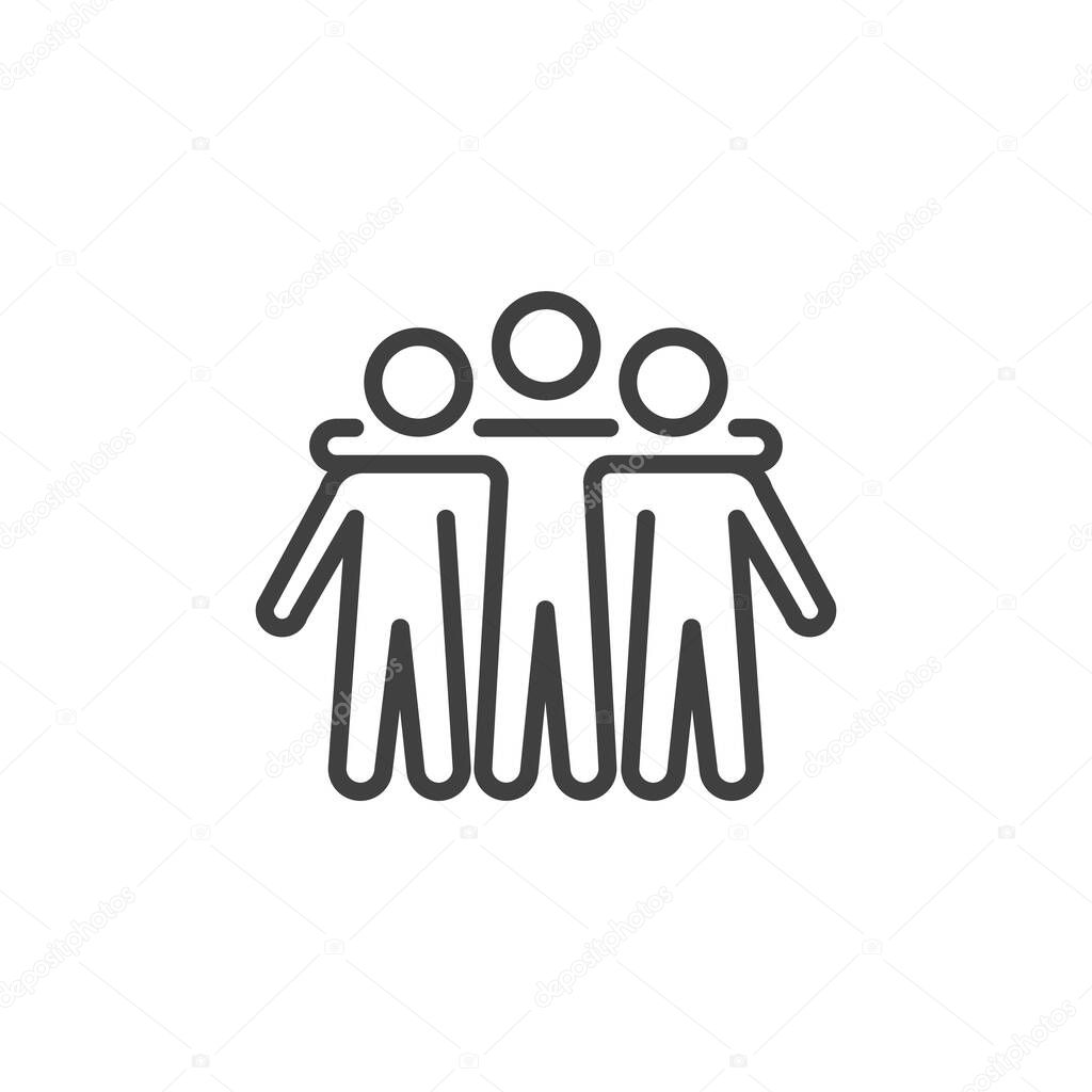 Outline line vector icon of multiple figures hugging together. Symbol for reunion, gathering, and family events. Minimalist family icon design.