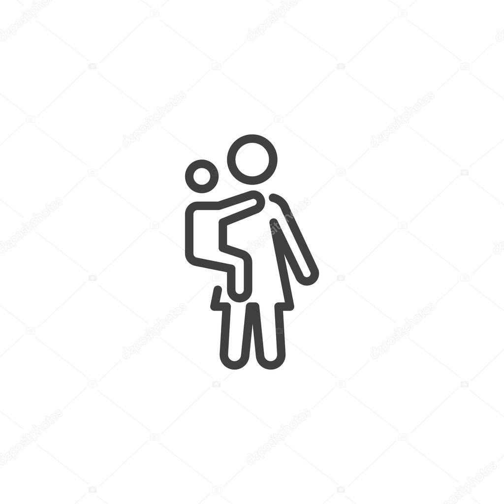 Line outline vector icon of an adult holding a baby, separate from parents. Symbol for babysitting, childcare services, and family support roles.