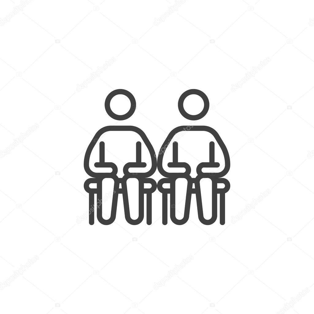 Line outline vector icon of seated figures in a circle. Symbol for emotional support, social group, and community. Minimal group therapy style icon.