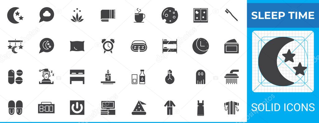 Sleep time solid glyph icon set. Vector pack of sleep symbols like moon, stars, blanket, tea, pillow, alarm clock, eye mask, bunk bed, candle, pajamas. Calm bedtime icon style.