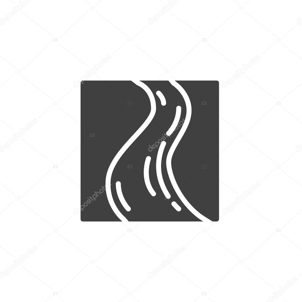 River stream solid vector icon. glyph style symbol showing wavy water path. This solid icon illustrates water, flow, and landscape scenery.