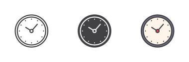 Duvar saati simgesi farklı bir şekilde ayarlandı. Çizgi, kabartma ve doldurulmuş renkli versiyon, ana hatlar ve katı vektör işareti. Elleriyle yuvarlak saat, vektör sembolü paketi.