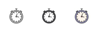 Stopwatch aygıtı farklı biçim simgesi seti. Çizgi, kabartma ve doldurulmuş renkli versiyon, ana hatlar ve katı vektör işareti. Spor zamanlayıcı sembolü, logo illüstrasyonu, vektör paketi.