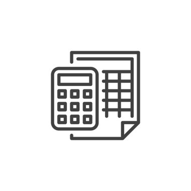 Hesap makinesi ve belgesi olan Bütçe Planlama satırı simgesi. Taslak vektör simgesi, finansal planlamayı sembolize eden imza, maliyet tahmini ve analitik sembol olarak bütçe belirleme.