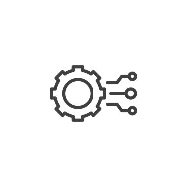 Dişli ve grafikli makine öğrenme çizgisi simgesi. Taslak vektör simgesi, sembolik yapay zeka analitiği, otomasyon ve akıllı veri analizini sembolize eden bir işaret..