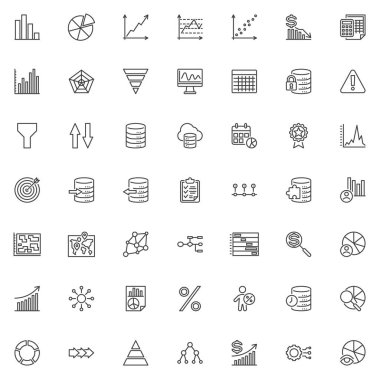Veri analiz çizgisi simgesi ayarlandı. Taslak vektör işaretleri paketi. Grafik, pasta grafiği, huni, veritabanı, istatistikler, filtre, bulut, takvim simgeleri