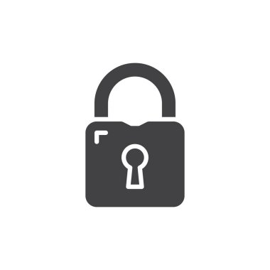 Asma kilit katı glifin vektör sembolü. Özel hayatı, güvenliği ve korumayı temsil eden güvenli bir asma kilit ikonu. Bu güvenlik simgesi uygulamalar ve web siteleri için iyi çalışır.