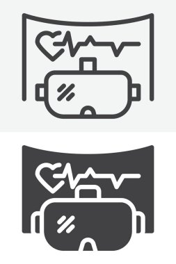 Çapraz sembollü VR sağlık hizmetleri farklı biçim simgesi seti. Çizgi ana hatları ve kabartma şekli. Vektör işareti ve sembol, düzenlenebilir felç. Tıbbi simge.