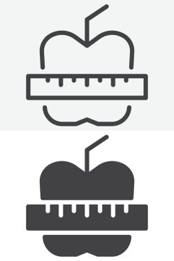 Elma ve mezura farklı stil simgesi seti. Çizgi ve kabartma versiyonu, taslak ve katı düzenlenebilir vuruş vektör simgesi. Sağlıklı diyet fitness sembolü.