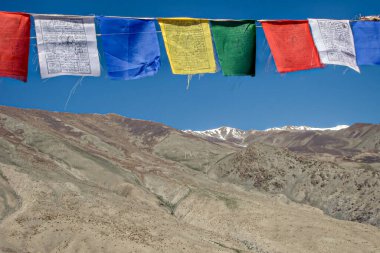 Leh, Hindistan 'da kar kaplı dağ ve mavi gökyüzü arkaplanlı dua bayraklarının yakın fotoğrafı.