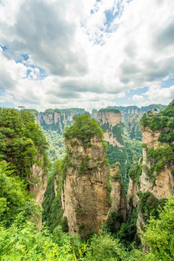 Çin 'in Hunan kentindeki Zhangjiajie manzarasında eşsiz dağ zirveleri ve yemyeşil ormanlar yer alıyor.