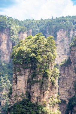 Çin 'in Hunan kentindeki Zhangjiajie manzarasında eşsiz dağ zirveleri ve yemyeşil ormanlar yer alıyor.