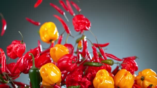 Super Slow Motion Shot Flying Mixed Chilli Peppers Grey Background — Stok Video