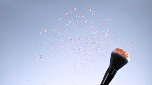Super Slow Motion Shot Flying Rotating Makeup Brush Brown Powder — стокове відео