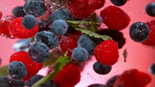 Super Slow Motion Shot Rotating Colorful Fruit Berries Green Leaves — Vídeo de Stock