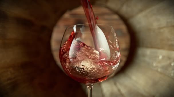 Super Slow Motion Shot Pouring Red Wine Glass Wooden Barrel — Stock Video