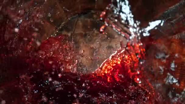 Super Slow Motion Shot Red Wine Splashing Old Oak Wooden — Stock Video