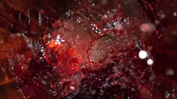 Super Slow Motion Shot Red Wine Splashing Old Oak Wooden — Stok Video