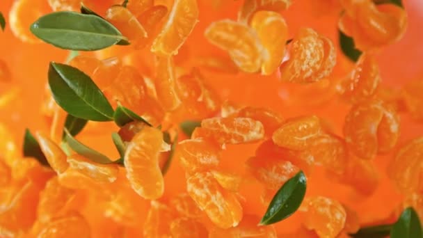 Peeled Mangerines Green Leaves Süper Yavaş Çekimi 1000Fps Hızla Kameraya — Stok video