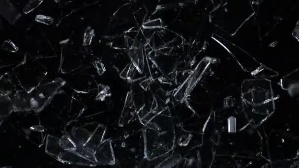 Super Slow Motion Shot Falling Shattering Glass Shards Geïsoleerd Zwart — Stockvideo