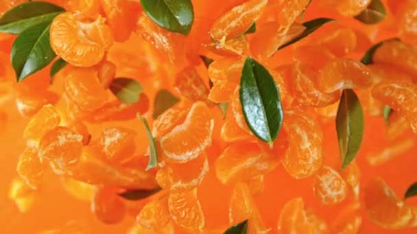 Super Slow Motion Shot Peeled Tangerines Green Leaves 1000Fps Sebességgel — Stock videók
