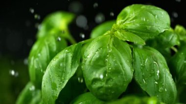 Süper Yavaş Hareketli Su Damlaları Taze Fesleğen 'in üstüne düşüyor. 4K Çözünürlükte Yüksek Hız Sinema Kamerası ile Çekildi.