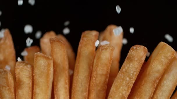 Super Slow Motion Detail Shot Add Salt Fresh French Fries — стокове відео