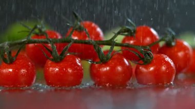 Su, süper yavaş çekimde taze domateslere dökülüyor, 4K, 1000fps hızla yüksek hızlı sinema kamerası ile çekiliyor..