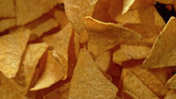 Super Slow Motion Shot Tortilla Chips Flies Being Exploded Black — Vídeos de Stock