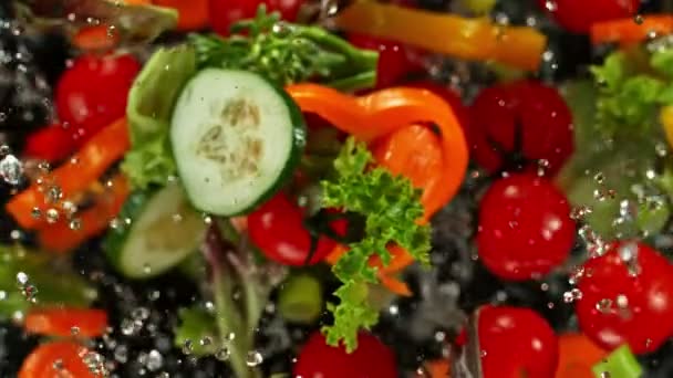 Super Slow Motion Shot Flying Cuts Colorful Vegetables Water Drops — Stok Video