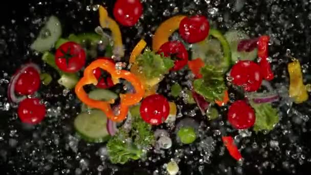 Super Slow Motion Shot Flying Cuts Colorful Vegas Water Drops — Αρχείο Βίντεο