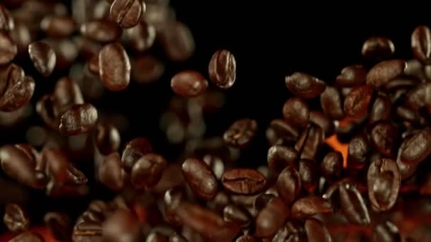 Super Slow Motion Shot Flames Coffee Beans Explosion Black Background — Vídeos de Stock