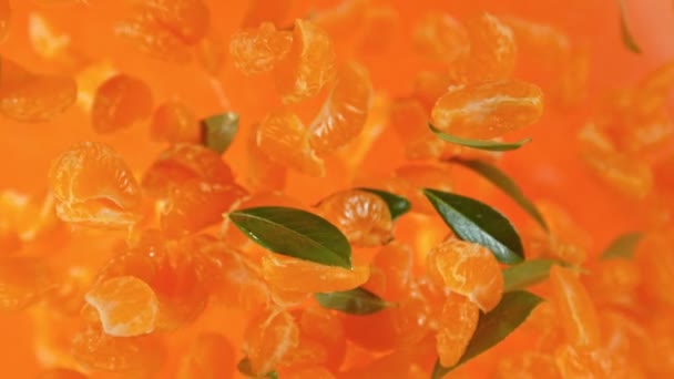 Peeled Mangerines Green Leaves Süper Yavaş Çekimi 1000Fps Hızla Kameraya — Stok video