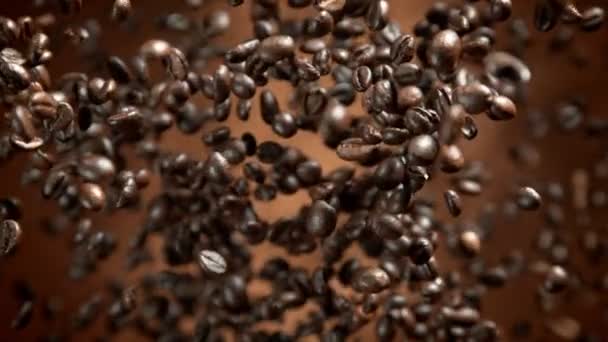 Super Slow Motion Shot Fresh Coffee Beans Flying Camera Brown — Stock Video