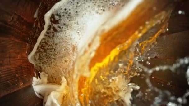 Super Slow Motion Shot Pouring Fresh Beer Old Wooden Barrel — Stock Video